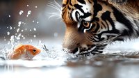 Dramatic encounter between Bengal tiger and orange goldfish in water with splashing droplets, creating surreal and artistic composition against blurred background.