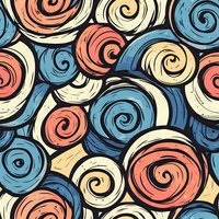 Seamless pattern with abstract spiral roses in coral pink, blue and cream colors on dark background. Retro style floral design repeats endlessly for fabric and paper.