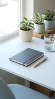 Minimalist workspace with notebook, pen and potted plants on white desk near window. Clean modern home office setup for productivity and organization.