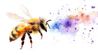 Watercolor honey bee with vibrant splashes of blue and purple paint creating artistic effect on white background, side view of detailed insect wings and body.