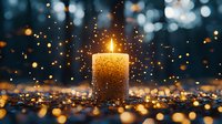 Glowing candle with golden glitter sparkles on dark background with magical bokeh lights creating atmospheric festive mood for holiday celebrations.