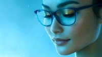 Young Asian woman wearing blue glasses in dreamy cyan lighting with closed eyes and gentle smile, expressing serenity and mindfulness in soft focus portrait.