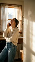 Happy young Caucasian woman laughing during phone call in sunlit kitchen wearing cream sweater and jeans with natural window light creating warm atmosphere.