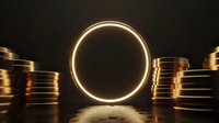 Glowing golden neon circle portal between stacks of coins on dark background with reflection, symbolizing financial growth and cryptocurrency concept.