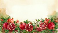 Pomegranate fruits with leaves and flowers arranged as decorative border on cream background, suitable for food packaging, recipe cards, and culinary design projects.