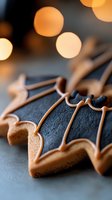 Dark chocolate gingerbread cookies with caramel drizzle on slate surface with warm bokeh lights creating festive holiday baking atmosphere for seasonal treats.