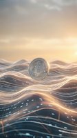 Bitcoin coin floating above flowing digital waves with golden sunset sky representing cryptocurrency investment and blockchain technology.