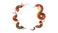 Decorative Chinese New Year snake frame with traditional red and gold patterns, cherry blossoms and clouds on white background for festive design projects.