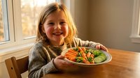 Happy young Caucasian girl smiling while holding plate of fresh colorful vegetables including carrots and cucumbers at wooden table by window for healthy eating.