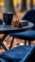 Cozy autumn still life with black coffee cup, pine cones and book on round table against blue velvet chair, warm bokeh background creates intimate atmosphere.