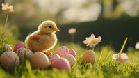 Fluffy yellow baby chick standing on colorful Easter eggs in spring grass with delicate flowers blooming in soft sunlight background.