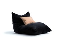 Modern black lounge bean bag chair with beige accent pillow on white background, comfortable furniture piece for contemporary interior design.