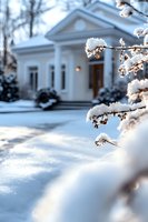 Snowy branches frame elegant white colonial house with pillared entrance on winter morning, fresh snowfall covering ground and trees creating peaceful seasonal scene.
