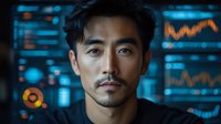 Asian male professional with confident expression against digital trading screens and financial data charts displaying market analytics in blue technological environment.