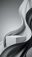 Minimalist white podium surrounded by flowing black and white fabric waves creating elegant abstract composition for luxury product display and branding.