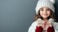 Young girl wearing white winter hat and mittens holding wrapped present with red string against gray background, festive holiday portrait.