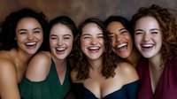 Five diverse young women laughing together in colorful dresses, showing genuine happiness and friendship in warm indoor lighting for lifestyle content.