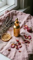 Golden serum bottle with dropper surrounded by dried lavender, rose petals and orange slice on pink linen fabric near window for natural skincare routine.