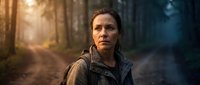 Middle-aged woman hiker with backpack standing on forest trail at sunset. Outdoor adventure and wilderness exploration concept for travel and nature themes.