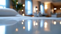 Blurred modern bedroom interior with soft focus and bokeh lights reflecting on glossy surface, creating cozy atmosphere for hospitality and real estate designs.
