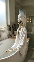 Skeleton figure wearing white towel and bathrobe sitting in modern bathroom bathtub with spa and wellness decor elements.