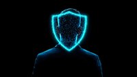 Glowing neon blue shield silhouette over dark suited figure representing digital security, data protection and cybersecurity concept against black background.