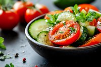 Fresh cucumber and cherry tomato salad garnished with parsley and black pepper in dark ceramic bowl on black background, macro food photography.