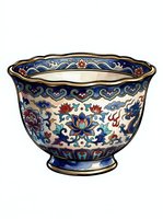 Ornate porcelain bowl with blue, red, and gold decorative patterns featuring floral motifs and scrollwork details. Isolated on white background, ready for design use.