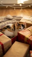 Tabby and white kitten lounging among wrapped gift boxes under warm string lights with cozy blankets, perfect for holiday and festive seasonal content.