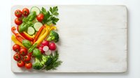Fresh organic vegetables arranged on wooden cutting board with copy space for healthy cooking and meal preparation concepts.