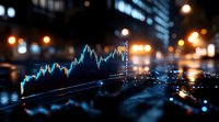 Financial market graph glowing in blue neon light reflected on wet city street at night, with blurred urban lights creating atmospheric business backdrop.