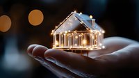 Hand holding miniature glass house illuminated with fairy lights against dark background with bokeh effect, creating magical holiday atmosphere.