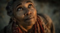 African American woman with natural hair looking upward with hopeful expression in warm golden light for inspirational content and storytelling projects.