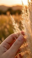 Hand holding golden wheat ears at sunset with warm light and blurred mountain landscape background for harvest agriculture and farming concepts.