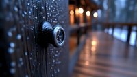 Door peephole with bokeh lights in dark hallway background, selective focus on security viewer lens creating atmospheric moody composition for safety concept.