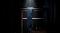 Blue patterned necktie hanging on wooden valet stand with dramatic lighting against dark background for menswear fashion concepts.