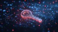Glowing digital key made of connected particles floating over circuit pattern background with red and blue bokeh lights, representing cybersecurity concept.