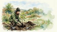 Young man planting tree sapling in natural landscape, environmental conservation and reforestation concept for Earth Day campaigns and sustainability projects.