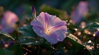 Delicate pink morning glory flower with water droplets glistening in early sunlight, creating a magical garden atmosphere against dark green foliage.