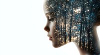 Female profile silhouette with double exposure effect showing mystical forest scene with sunlight streaming through trees, creating dreamy atmospheric mood.