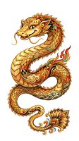 Golden dragon with ornate scales and flowing whiskers, featuring red and orange accents, isolated on white background for design and clipart use.