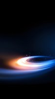 Glowing spiral light trail with orange and blue colors against dark background creates dynamic motion effect for technology and space concepts.