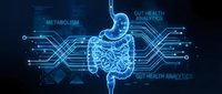 Young adult male with light skin tone, wearing casual clothing, depicted as a transparent blue digital figure with glowing internal organs visible. The illustration shows the digestive system highlighted with circuit board patterns and technological elements. Text labels include "metabolism," "gut health," and "gut health analytics" surrounding the figure. Digital lines and nodes create a futuristic, scientific aesthetic against a dark background. Suitable for healthcare, medical technology, wellness, and scientific publications.