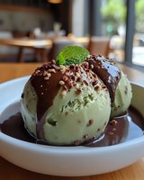Mint chocolate chip ice cream scoops with rich chocolate sauce, crushed nuts and fresh mint leaf garnish served in white bowl at cozy restaurant setting.