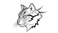 Black and white cat head illustration with spiky collar on transparent background. Line art style feline portrait for logos, tattoos and graphic design projects.