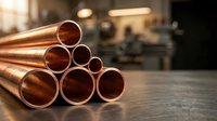 Stack of shiny copper pipes on industrial workbench in manufacturing workshop with blurred machinery background for plumbing and construction projects.