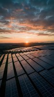 Solar panel array at sunset with dramatic orange and blue sky over rural landscape, ideal for renewable energy and sustainability concepts.