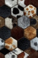 Hexagonal patchwork pattern with animal fur textures in brown, black, white and gray tones. Seamless design tiles into continuous background for luxury decor.