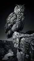 Majestic eagle owl perched on rocky cliff in dramatic black and white photography showcasing detailed feathers and piercing eyes against canyon landscape.