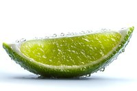 Fresh lime wedge with water droplets on white background, macro shot showing juicy citrus texture and natural moisture for food and beverage photography.
